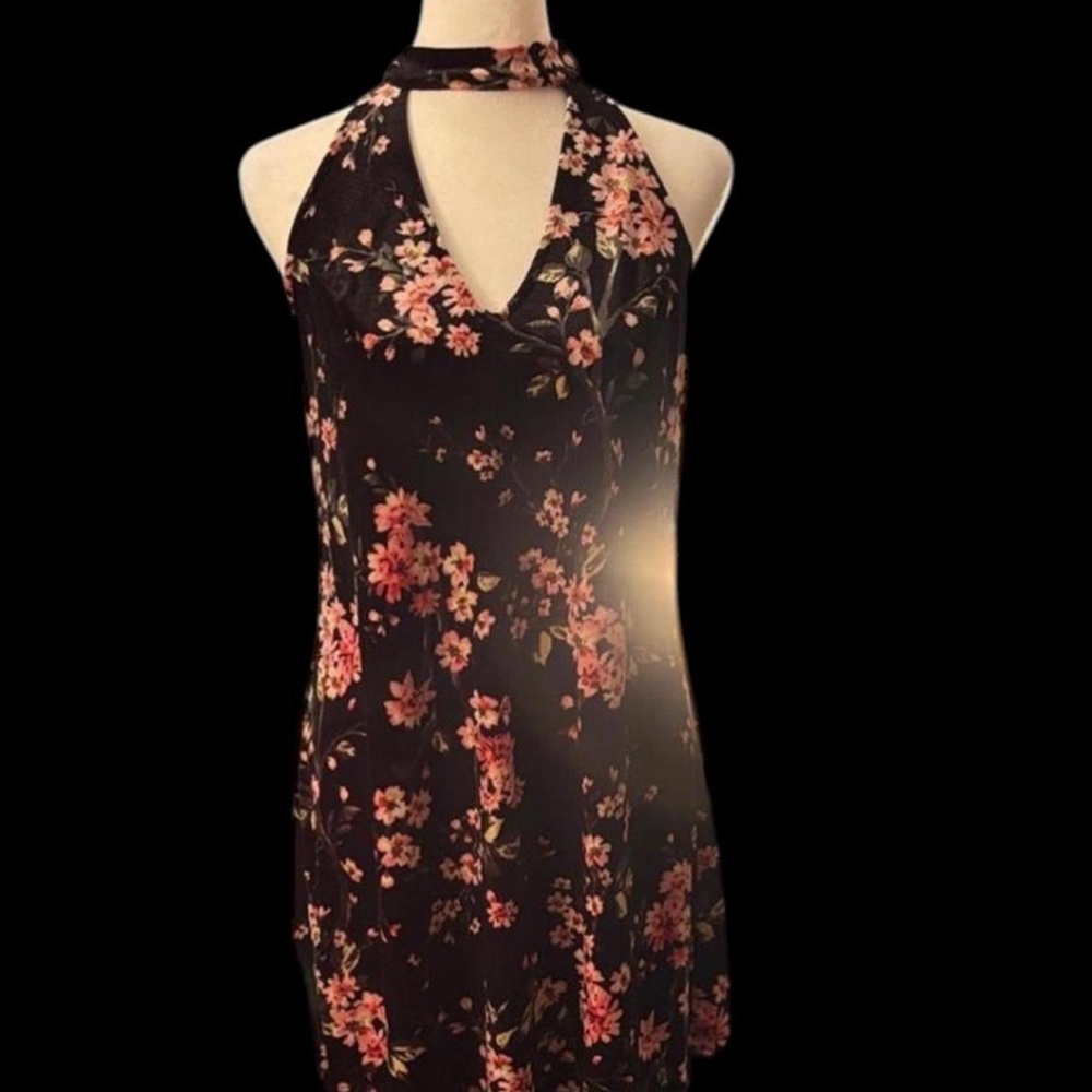 Y2K Lush Black Floral Velvet Halter Dress | Choker Neck Whimsigoth Mini🖤🌺